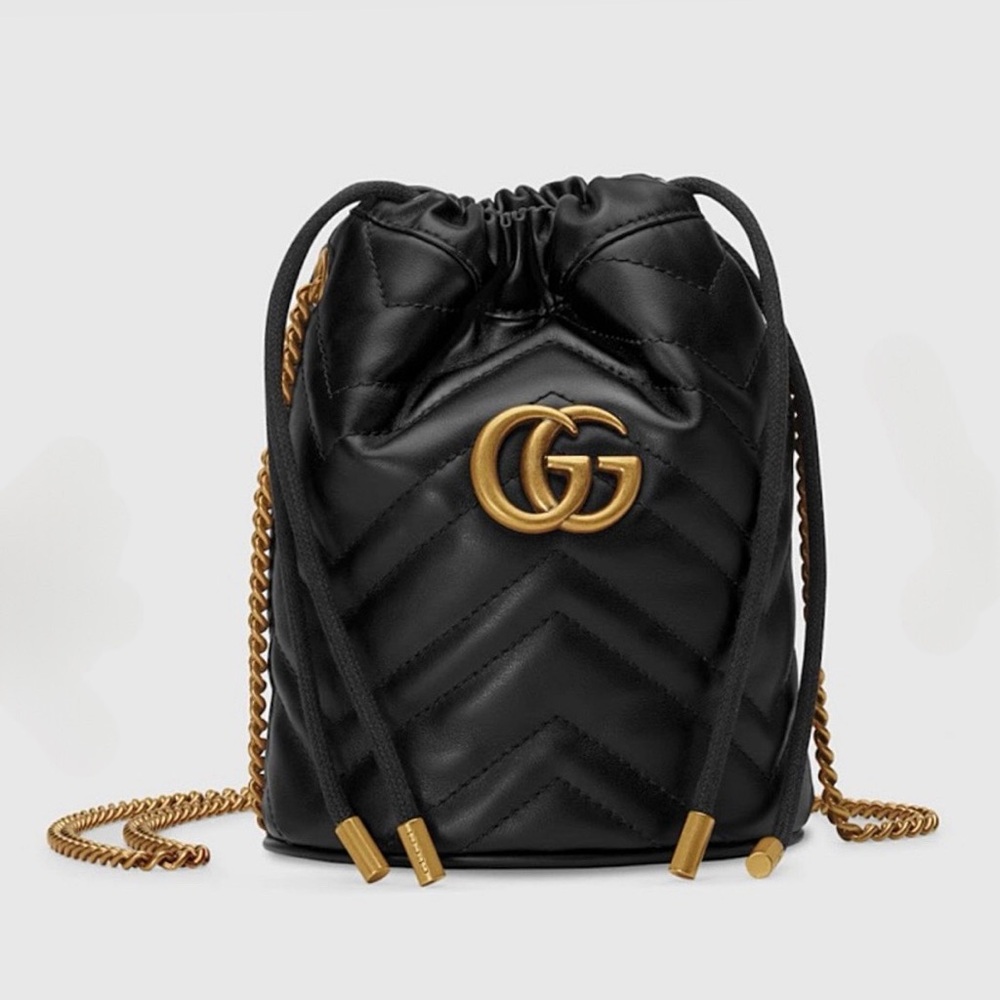 GUCCI Classic Black Mini GG Marmont Matelasse Leather Bucket Bag